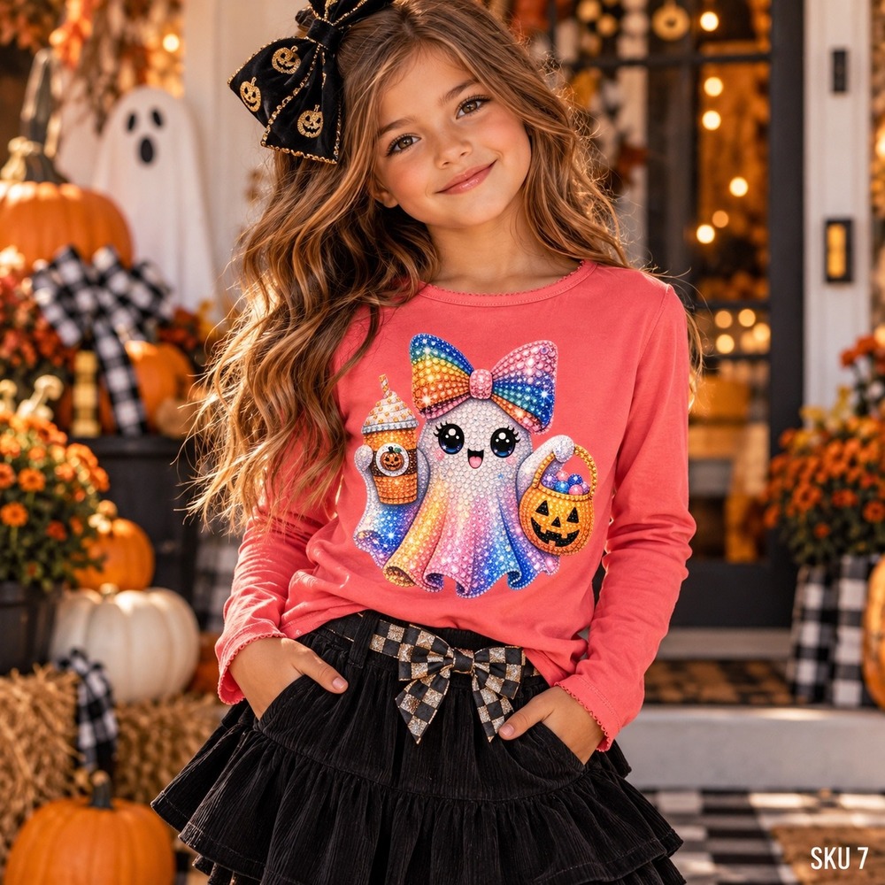 YFK Girls Halloween Ghost Shirt Coral Pink Long Sleeve Kawaii Size 6/7 KB
